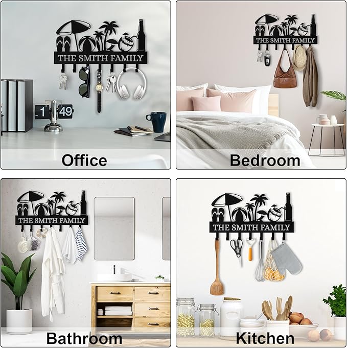 Personalized Key Holder for Wall, Beach Theme Key Holder Wall Mount with Hooks, Coconut Trees Key Hanger Wall Decor for Pool Bathroom Hallway Entryway Office, Customized Home Decor Gifts Color04