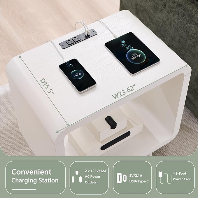 23.6" Modern End Table Set of 2, 2 Tier Side Table with Charging Station, Simple Bedside Table with Open Storage Shelf, Outlet, Wooden Nightstand for Bedroom, Living Room, Study, White