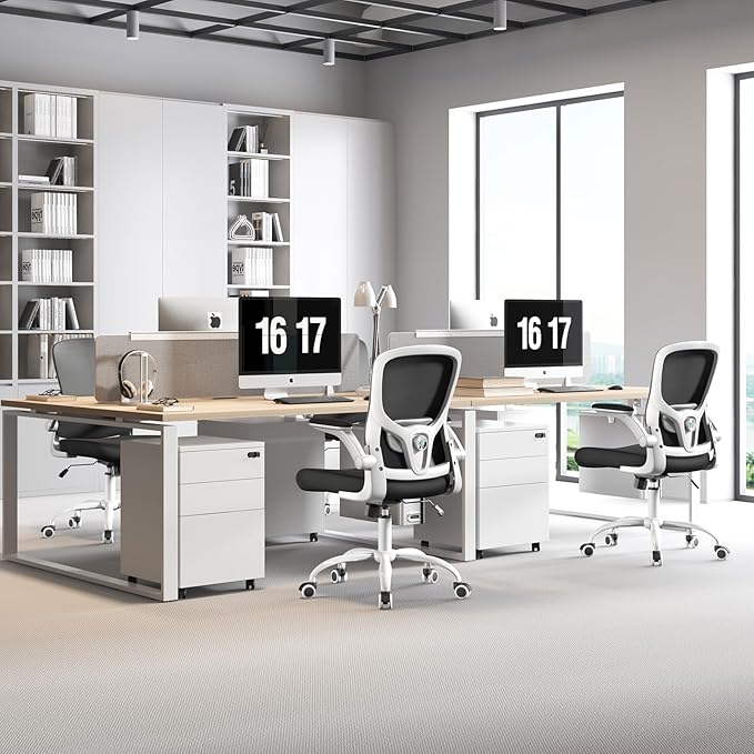 Ergonomic Office Chair High Back with Adjustable Lumbar Support, Mesh Computer Chair,Headrest and Flip-Up Arms for Executive, 90-120° Tilt Swivel Rolling Task Chairs(White-black6076)