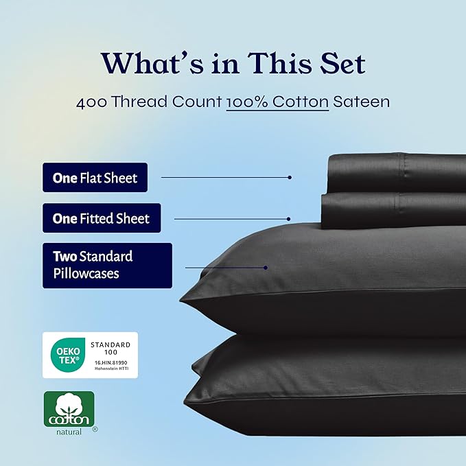 California Design Den Full Size Bed Sheets Set - Soft 400 Thread Count Sateen, Natural 100% Cotton Sheets with Deep Pockets, Breathable, Cooling and Durable Bedding Set - Black