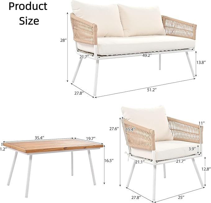 4-Piece Rope Outdoor Furniture Set - Patio Conversation Sofa Set with Acacia Wood Table, Metal Furniture with Deep Seating & Thick Cushion for Backyard, Balcony, Deck, Beige