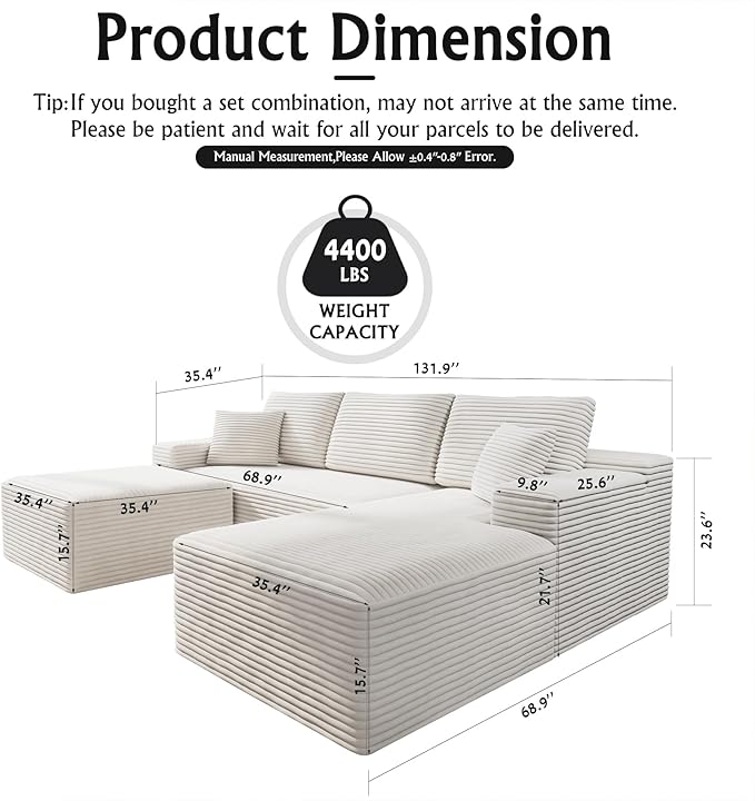 3-Piece Boneless Modular Sectional Sofa, Cloud Couch, Right Facing Chaise with Ottoman, Oversized Deep Seat, Soft Corduroy Fabric, Sectional Couch for Living Room-White