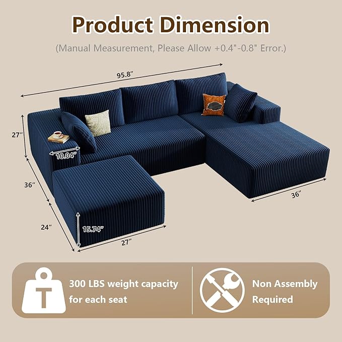 96" U-Shape Cloud Couch, Modern Modular Sectional L-Shape Sofa with Ottoman, Corduroy Upholstered Couches Deep Seat Sleeper Chaise Longue for Living Room, No Assembly Required(Blue, Right Facing)