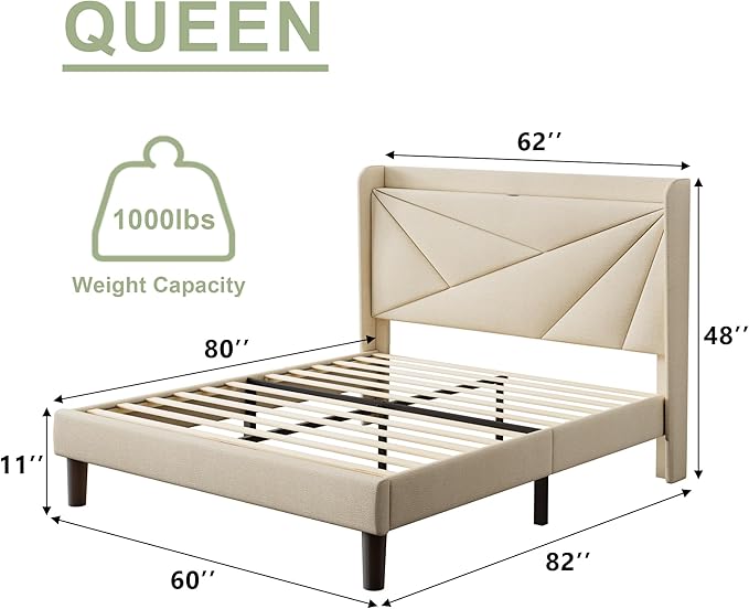 Feonase Queen Size Bed Frame with Charging Station, Linen Upholstered Platform Bed Frame with Wingback Storage Headboard, Solid Wood Slats Support, No Box Spring Needed, Noise Free, Beige