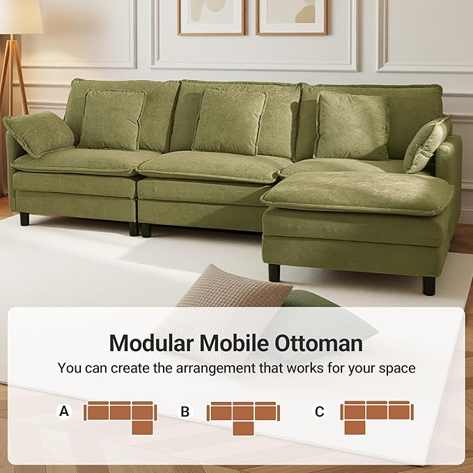 Claiks 110" Modular Sectional Sofa, Cloud Couch with Ottoman, L-Shaped 4-Seater Sofa in Chenille Fabric, Deep Seat Comfy Couch with Pillows for Living Room & Offices, Green