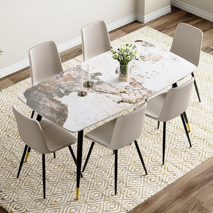 7 Piece Modern Dining Set, 62'' Sintered Stone Dinner Table for 6, Easy to Assemble