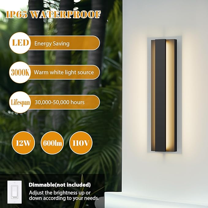 LamQee 18.5 Inch Modern Outdoor Wall Lights Exterior Lighting Fixtures, 3000K 12W LED Contemporary Outdoor Wall Sconce, Matte Black Outside Wall Mount Lights for House Garage Porch Patio Front Door