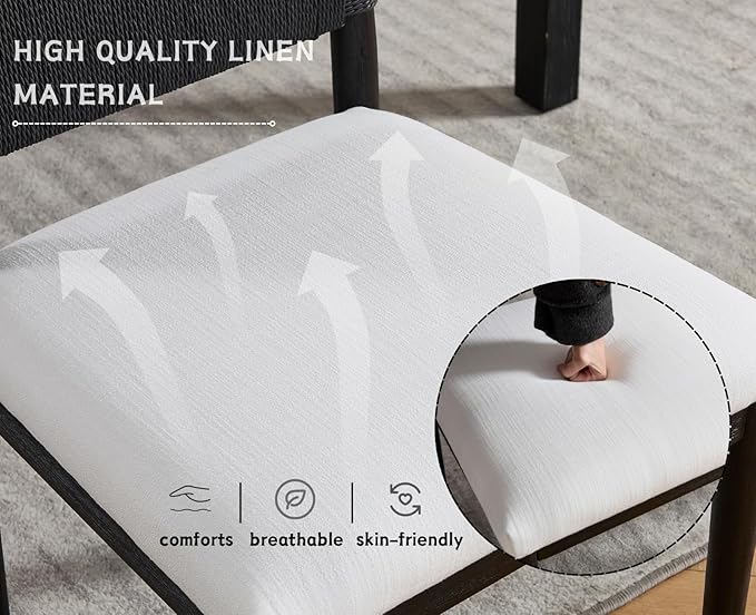 CIMOTA Black Dining Chairs Set of 6, Mid Century Modern Upholstered Dining Room Chairs with Woven Back, Armless Kitchen Chairs with Solid Wood Legs,Linen Beige