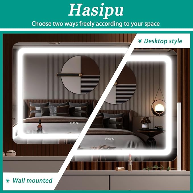 Hasipu Vanity Mirror with Lights, 24.2" x 18.9" LED Make up Mirror, Light up Mirror with 10X Magnification and USB Charging Port, Phone Holder, Smart Touch 3 Colors Dimmable, 360° Rotation (White)