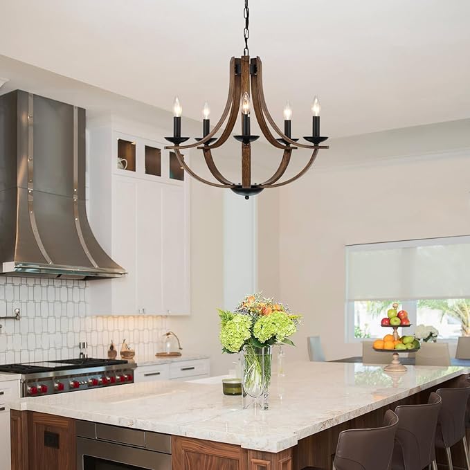 Farmhouse Chandeliers for Dining Room Light Fixture, 5-Light 24 inch Faux Wood Texture Hanging Lighting Fixtures, Rustic Candle Chandeliers for Living Room Kitchen Island Foyer Entryway