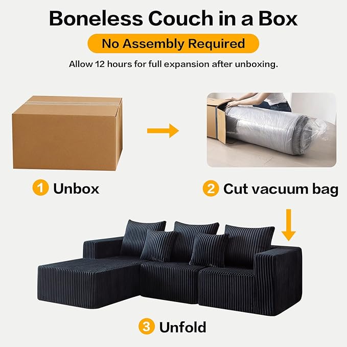 Boneless Sectional Sofa, 100.7" Cloud Sofa with Wide-Wale Corduroy, Deep Seat L Shaped Couch, All-Foam Filled Compressed Couch for Living Room (Black, Corduroy)