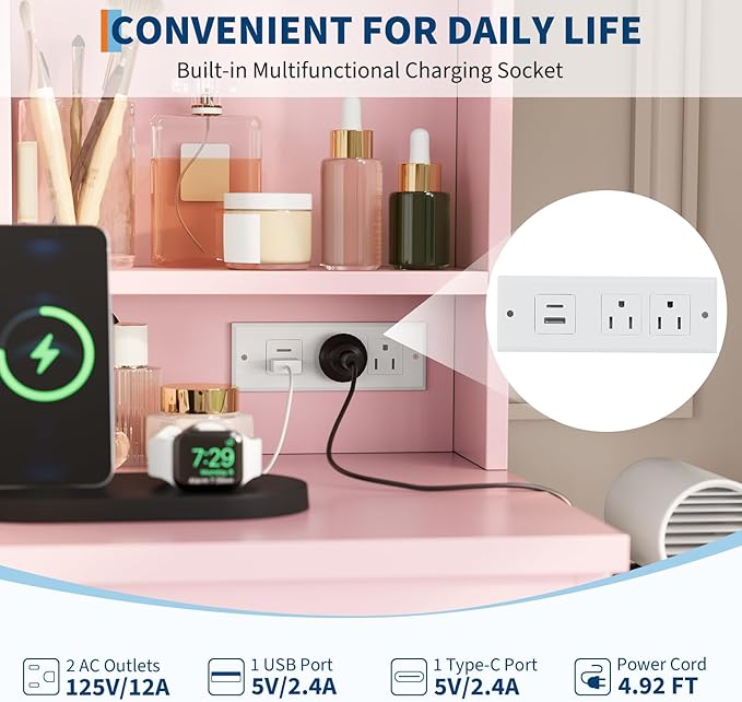 GarveeHome Vanity Desk with Mirror and Lights - Modern Makeup Dressing Table with Outlets, Storage Stool, 4 Drawers & Hair Dryer Holder - 3 Colors LED Vanity Mirror, Vanities for Bedroom, Pink