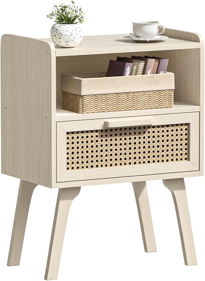 Lerliuo Rattan Nightstand, Side Table with Drawer Open Shelf, Cane Accent Bedside End Table with Solid Wood Legs, Mid Century Modern Night Stand for Bedroom, Dorm and Small Spaces (Grey White)
