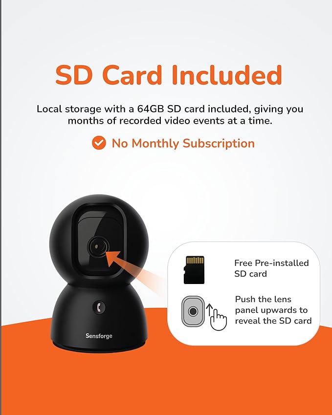 Sensforge Black Indoor Pan-Tilt Security Camera with SD Card for Pet/Kid/Home, 24/7 Recording, 5G/2.4G Wi-Fi, 2.5K Video and Image - Free Human Motion Pet Detection