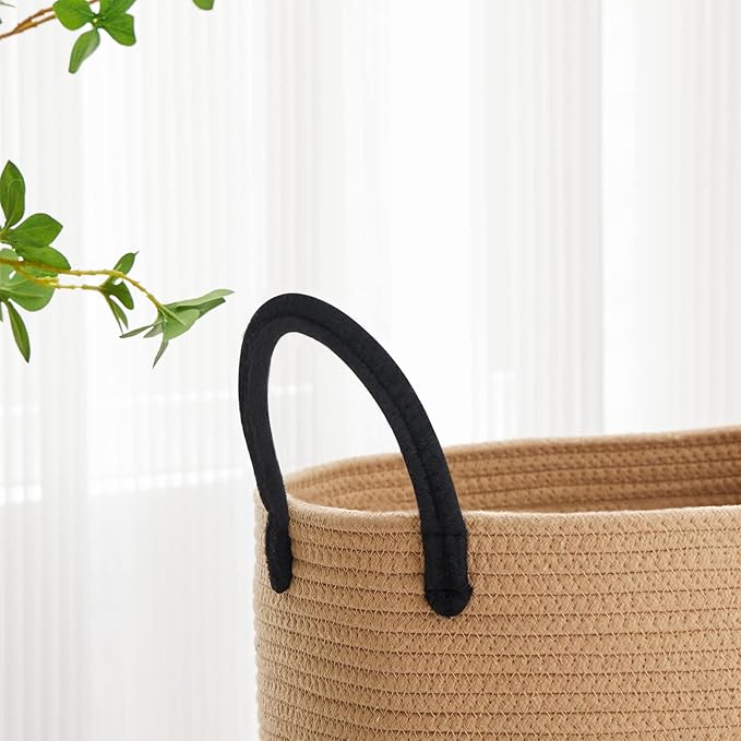 VIPOSCO Large Laundry Hamper, Tall Woven Rope Storage Basket for Blanket, Toys, Dirty Clothes in Living Room, Bathroom, Bedroom - 58L Brown & Black