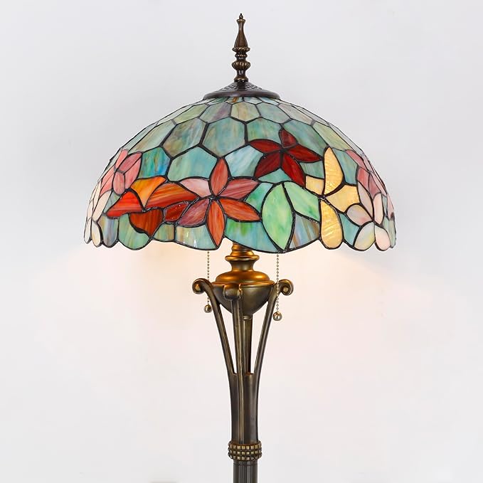 Tiffany Floor Lamp Red Yellow Green Flowers Stained Glass Standing Reading Light 16X16X70 Inches Antique Pole Corner Lamp Decor Bedroom Office Living Room