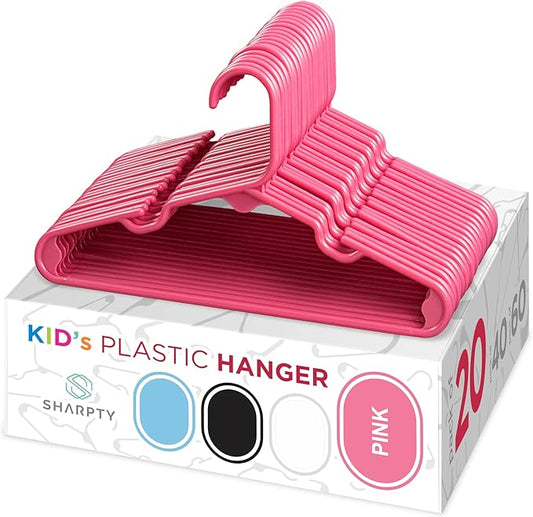 Sharpty Kids Plastic Hangers, Children's Hangers for Baby, Toddler, and Child Clothes - Everyday Standard Use - Ideal for Boys and Girls Closet, Clothing, Pants, Coats, and More - Pink, 20 Pack