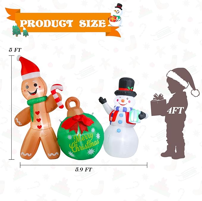 Bshine Christmas Inflatable Outdoor Decorations, 5.9FT Cute Gingerbread Man Snowman Celebration Sign Blow Up Yard Decor with LED Lighted for Holiday Xmas Outdoor Indoor Home Garden Lawn Decorations