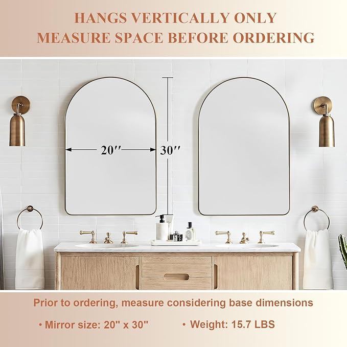 ANDY STAR Arched Mirror, 20 x 30 Inch Gold Bathroom Mirror in Stainless Steel Metal Frame, Arch Top Rounded Corner 1 Inch Deep Set Design Wall Mount Hangs Vertical