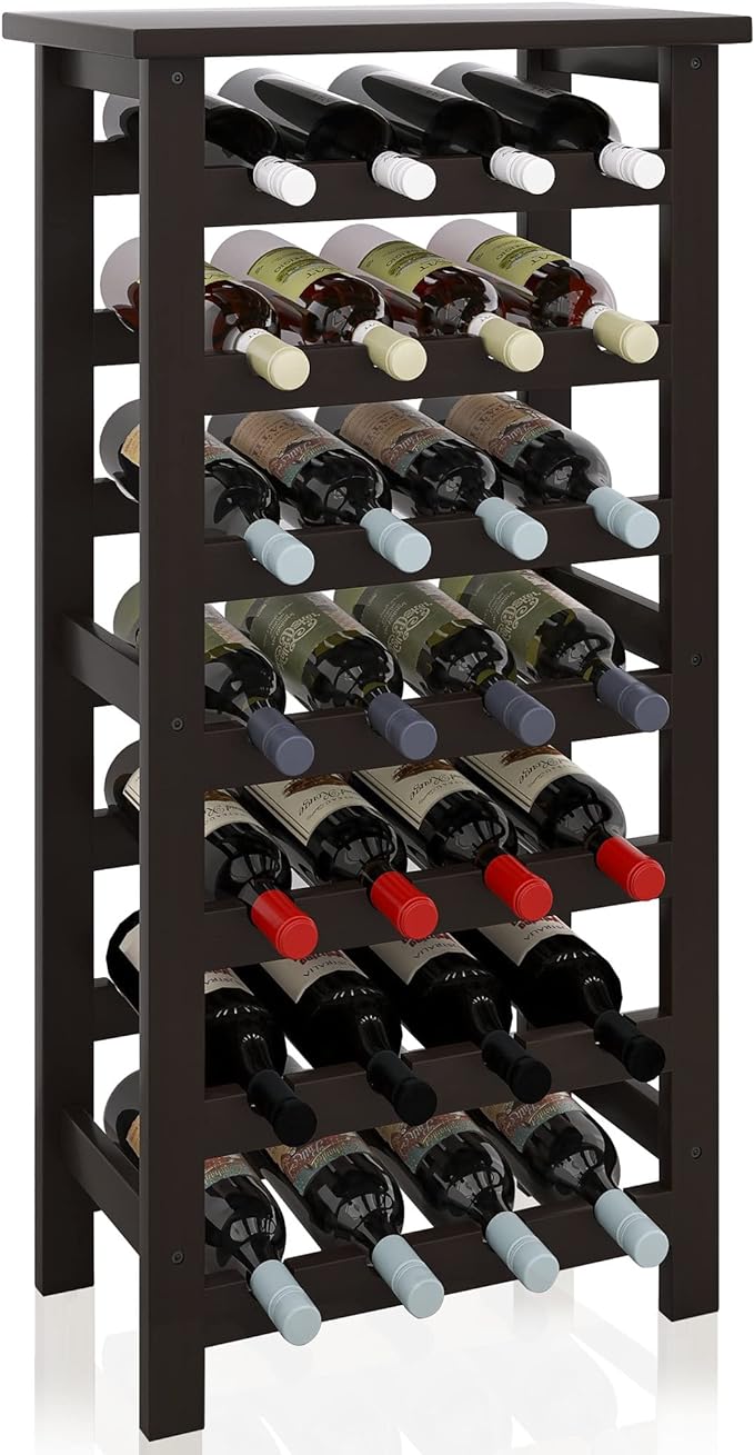 SMIBUY Bamboo Wine Rack, 28 Bottles Display Holder with Table Top, 7-Tier Free Standing Storage Shelves for Kitchen, Pantry, Cellar, Bar (Dark Brown)