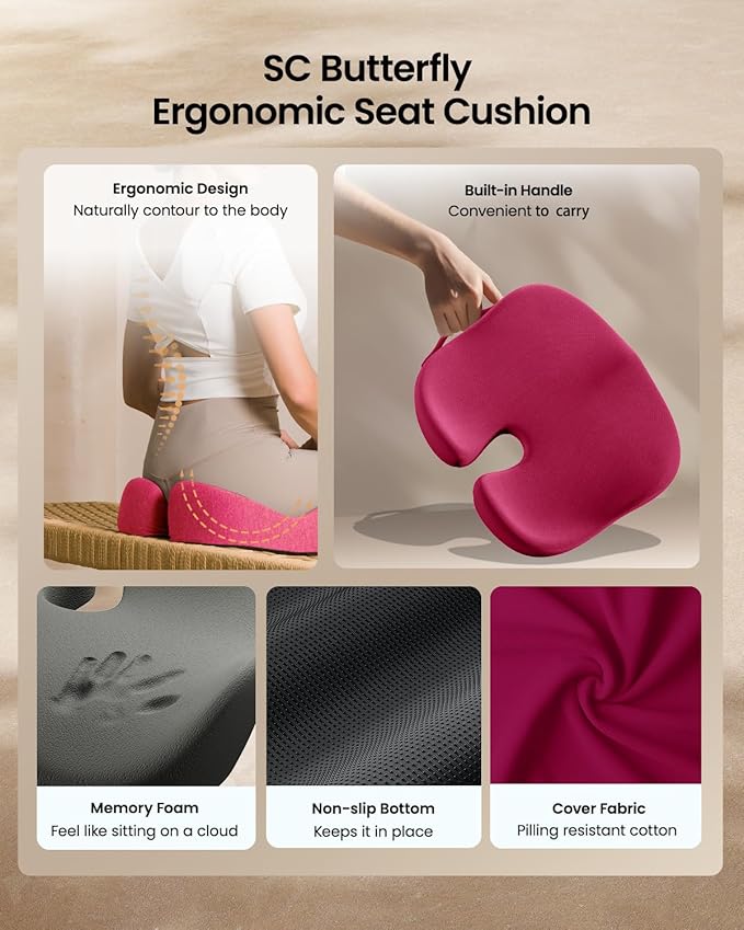 ProtoArc Seat Cushion, Office Chair Cushion for Sciatica, Coccyx Cushion, Ergonomic Memory Foam Seat Cushion for Car, Home, Pressure Relief Pad for Hip, Tailbone, All Day Comfort - Rose