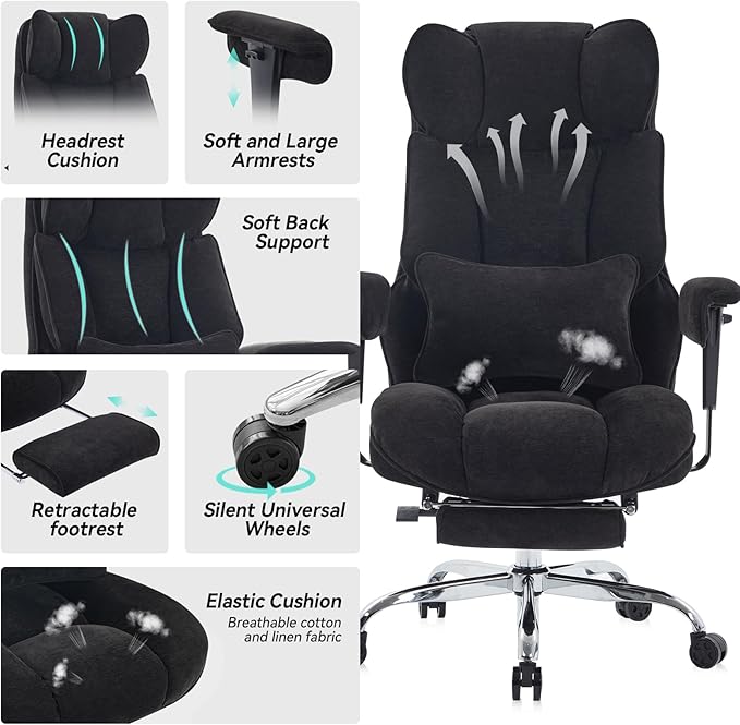 Efomao Executive Office Chair, Soft-Cushioned Computer Chair with Foot Rest, Fabric Home Office Desk Chairs, Big and Tall Office Chairs, Black