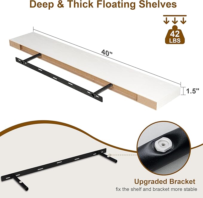 Fun Memories Floating Shelves for Wall, 40Inch Floating Shelves Set of 2, Hanging Shelf with Invisible Brackets, Wood Shelves for Living Room, Bedroom, Kitchen, White