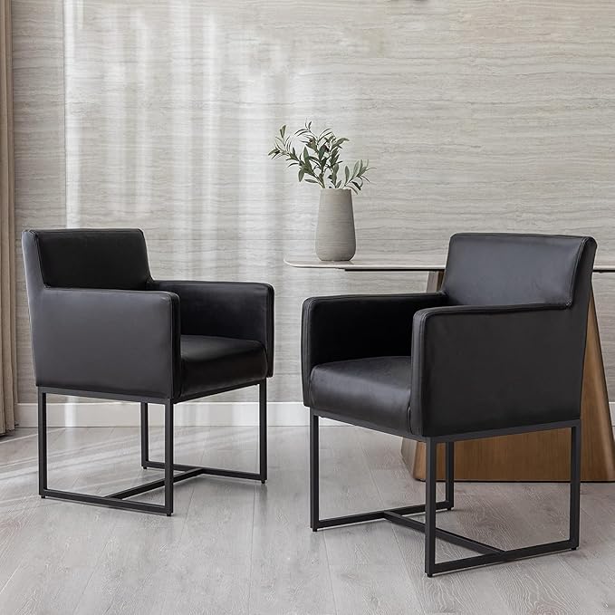 Upholstered Dining Chairs with Arms Set of 2 PU Leather Mid Century Modern Accent Chairs Armchairs with Gold Metal Frame, Modern Kitchen & Dining Room Chairs, Black