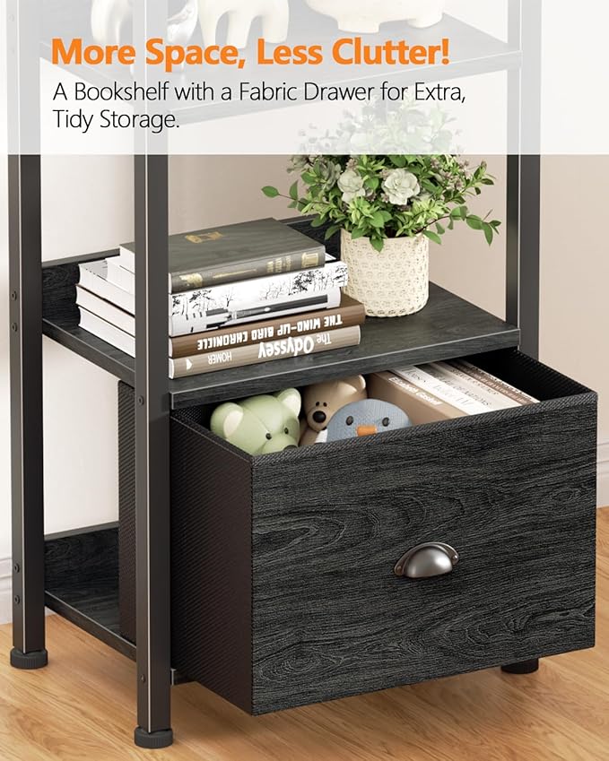 Furologee 6 Tier Bookshelf, Tall Shelf with Drawer, Wood and Metal Bookshelves Storage Organizer, Industrial Display Shelving Unit for Bedroom, Living Room, Home Office, Black Oak