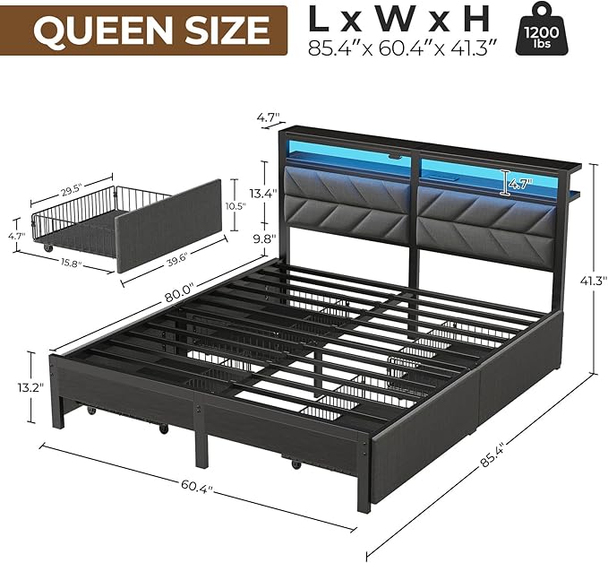 Seventable Queen Bed Frame with 4 Storage Drawers, Charging Station & LED Lights, Upholstered Headboard with 2-Tier Shelves, Metal Platform Bed, No Box Spring Needed, Noise-Free, Grey