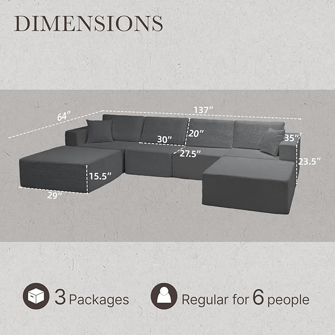 137” Modular Sectional Sofa Couch, 4-Seater U-Shape Sofa with Ottoman, Memory Foam Compressed Sofa, Free Combination Couch for Living Room,No Assembly Needed (Grey, 4 Seats+ 2 Ottoman)