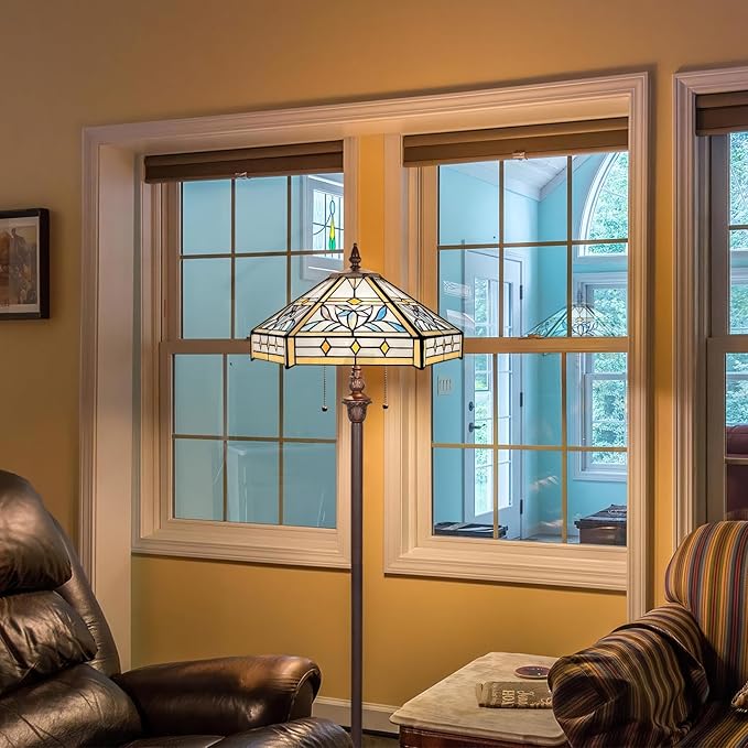 Capulina Tiffany Lamp Stained Glass Floor Lamp 2-Light 16X16X63 Inches Mission Hexagon Tiffany Style Standing Reading Lamp for Living Room Bedroom Home Office