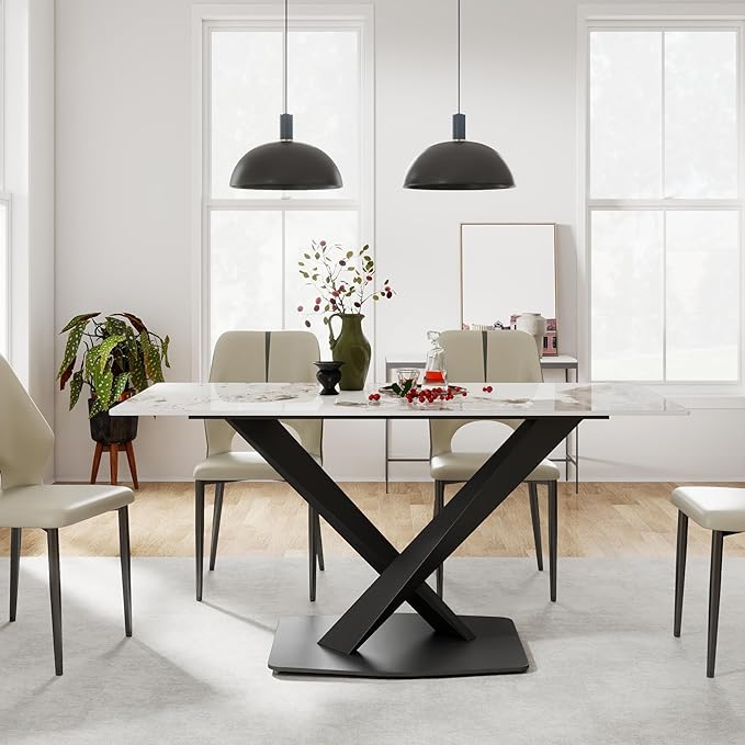 63" Modern Dining Table for 4-6 People, White Sintered Stone Table Top with X-Shape Carbon Steel Pedestal, Large Rectangular Table for Kitchen Living Room
