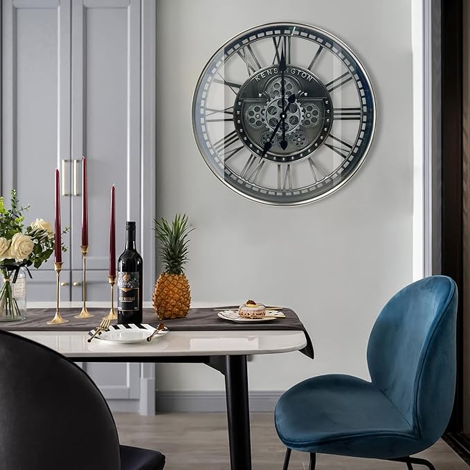 DORBOKER Real Moving Gears Wall Clock Large Modern Metal Clocks for Living Room Decor, Industrial Steampunk Unique Vintage Rustic Decorative Clock for Home Farmhouse Office, 27.6 Inch,Gunmetal Roman
