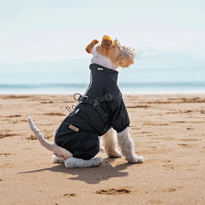 Dog Raincoat with Harness for Small and Medium Dogs, Adjustable Waterproof Dog Rain Jacket,Reflective Rainproof Puppy 4 Legs Raincoat-Black,L