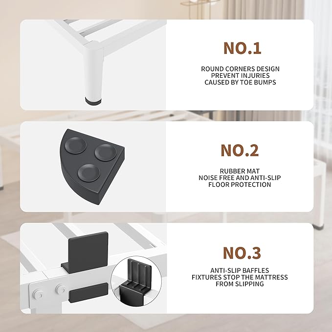 MAF 18 Inch Twin XL Bed Frames White with Round Corner Legs Mattress Slide Stopper No Box Spring Needed Heavy Duty Metal Platform Bed Frame Under-Bed Storage Space, 3000 LBS Steel Slats Support