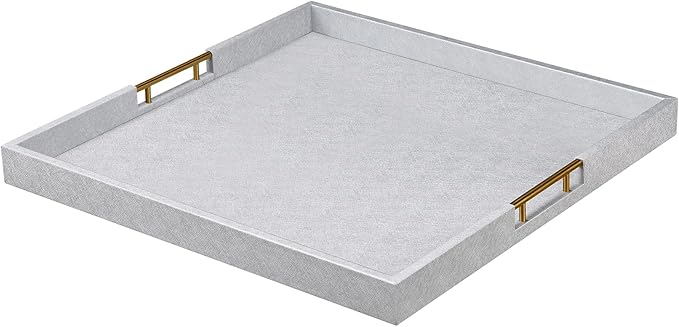 24x24 Inches Extra Large Silver Faux Leather Wrapped Wood Ottoman Tray with Golden Handles for Serving Food and Breakfast On Bed, Square Coffee Table Organizer, Home Decor and Decorative