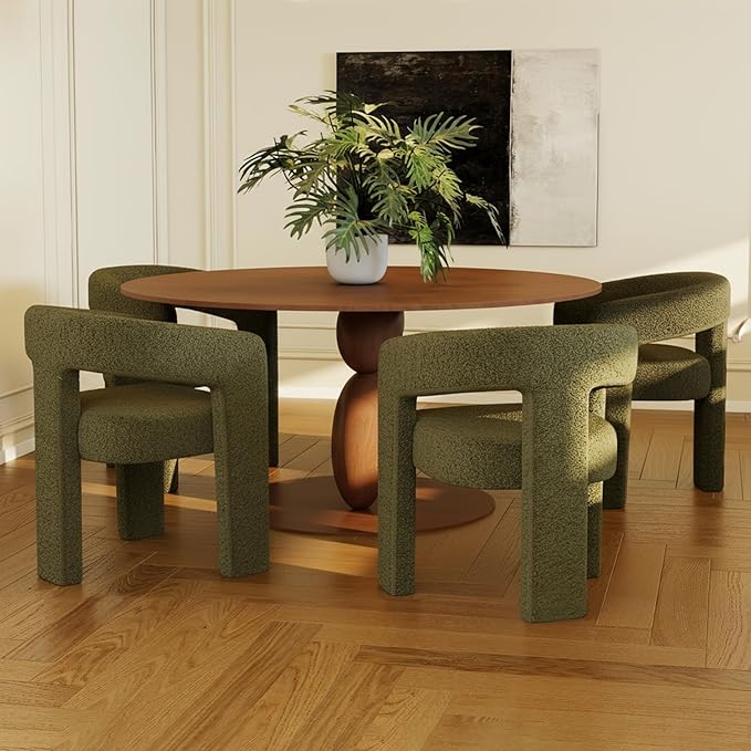 Modern Sherpa Dining Chairs Set of 4, Upholstered Barrel Chairs with Arms Comfy Accent Side Chairs for Living Room/Dining Room/Reception, Green