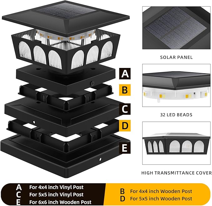 12 Pack Solar Post Cap Lights, Warm White & Cool White Auto On/Off, Waterproof Fence Post Solar Lights for 4x4 5x5 6x6 Wood/Vinyl Posts, Fence, Deck, Patio, Garden Decor (Black)