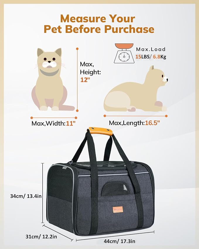 Morpilot Cat Carrier - Soft Sided Cat Carrier Large for Big Medium Cats and Puppy up to 18lbs, Pet Carrier with Safety Zippers, Foldable Bowl, Airline Approved Large Dog Carrier - Dark Gray