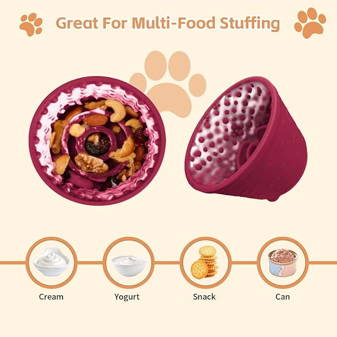 Dog Lick Bowl with Brush and Scraper, Anxiety Relief Silicone Slow Feeder Treat Dispenser, Anti-chocking Pet Dish, Non-Slip Interactive Entertainment Dog Puzzle Toy for Medium & Large-Dark Red