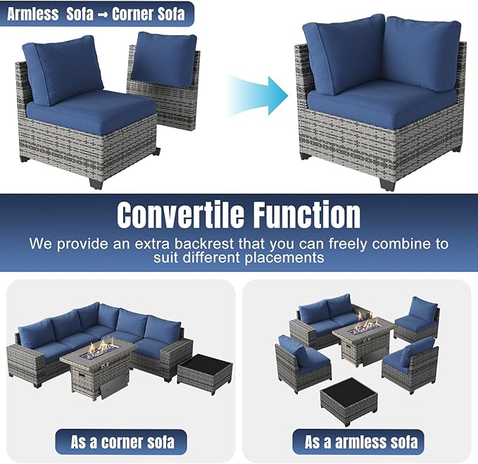 Aoxun 7 Pieces Patio Furniture Set with 40” Fire Pit Table Wicker Rattan Outdoor Sectional Conversation Set with Coffee Table and 4” Thickened Cushions, Blue(Waterproof Cover Included)