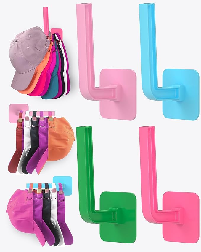 Multi-Purpose Hat Organizer (4-Pack), Strong Adhesive Hat Hooks for Wall, Two Mounting Options, Multicolor