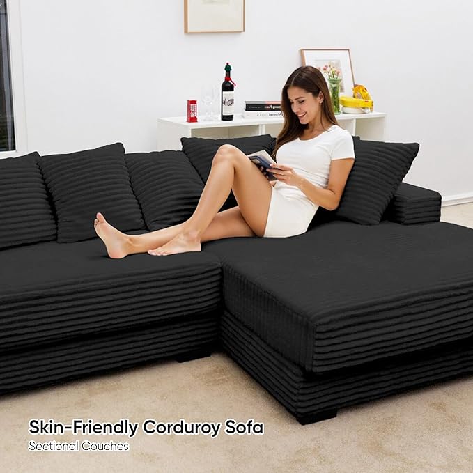 111‘’ Sectional Cloud Couches with L Shaped Chaise, Extra Large Sleeper Couch Reversible Corduroy with 8pcs Pillows for Living Room, Bedroom