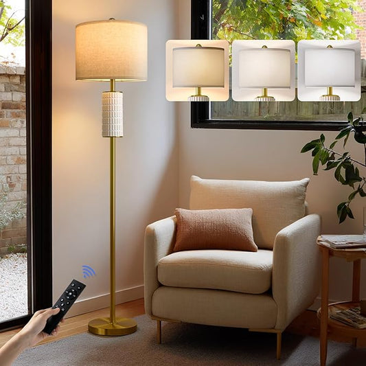PoKat Ceramic Gold Floor Lamp with Remote, 64" Modern Floor Lamps for Living Room with Stepless Dimmable Colors Temperature, Tall Standing Lamp for Living Room Bedroom Reading, 9W Bulb Included