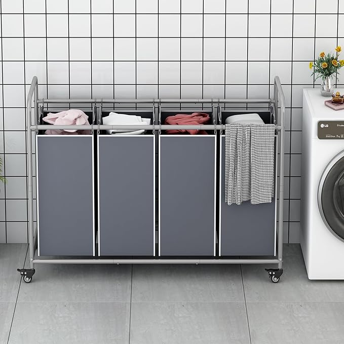 Laundry Sorter 4 Section Hamper Sorter with Heavy Duty Lockable Rolling Wheels Removable Bags Basket Separator for Dirty Clothes Storage, Grey