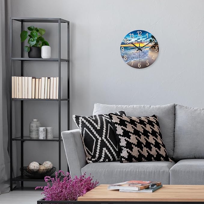 Palm Tree Clocks Battery Operated 12 Inch Glass Blue Wall Clock Non Ticking Beach Wall Clock for Bedroom