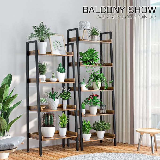 ASTARTH Ladder Shelf-5 Tier Bookshelves w/Open Shelf for Storage, Industrial Bookshelf & Tall Ladder Shelf-Metal Frame for Bedroom, Living Room, Kitchen-67.3'' H, Easy Assembly, Rustic Brown (HD021)