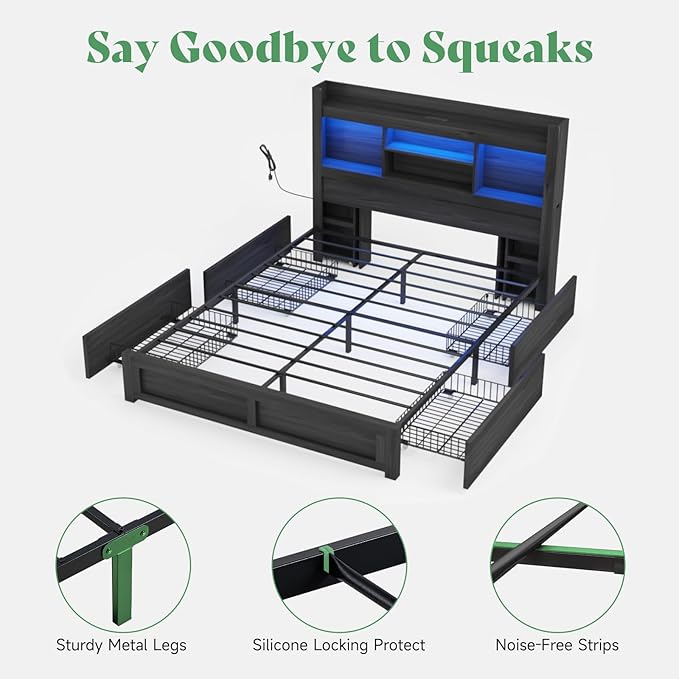 AMERLIFE Queen Bed Frame with 4 Storage Drawers, LED Bed Frame with 49.6" Tall Bookcase Headboard, Wood Platform Bed with Charging Station & 2 Slide Bedside Shelf, No Box Spring Needed/Black