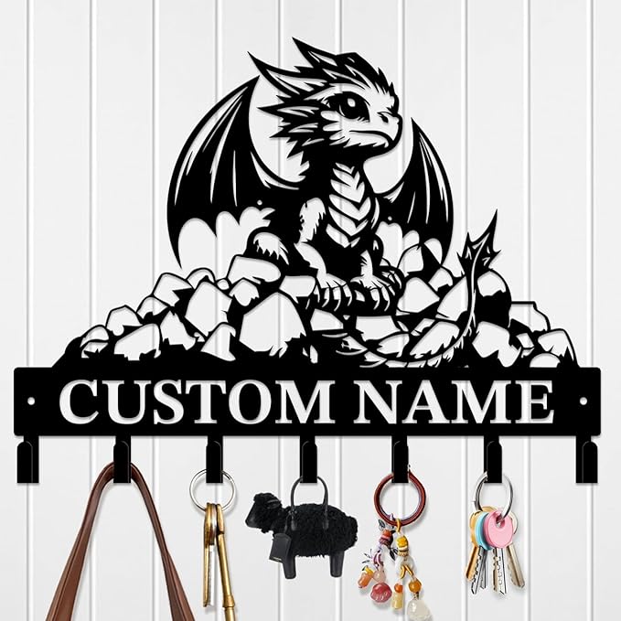 Customized Name Key Hook - Evil Dragon Design Keys Holder Decor Black Iron Metal Wall Organizer for Home & Office (Multiple Sizes) (Style C)